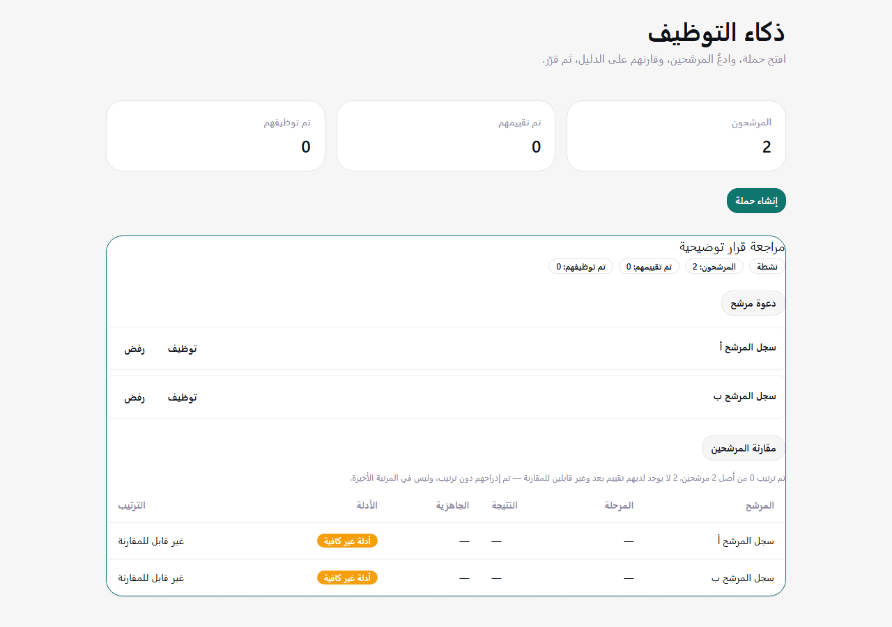 لقطة عربية حقيقية لمراجعة قرار التوظيف في Company: جدول مقارنة لمرشحَين، حالة «أدلة غير كافية»، ترتيب «غير قابل للمقارنة»، وجملة تقول إنهم يُدرَجون ولا يوضعون آخر الترتيب. بيانات عرض حتمية غير إنتاجية.